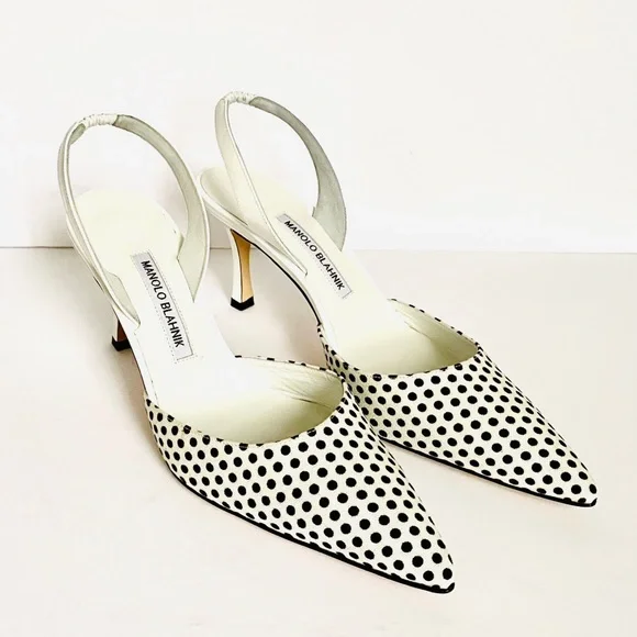 NWT: MANOLO BLAHNIK | White with Black Polkadots Carolyne Kitten-Heel Pumps - Picture 3 of 11